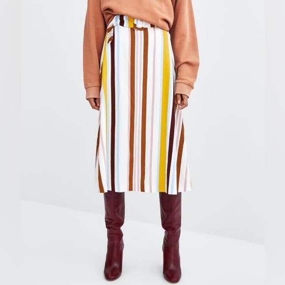Zara Dresses & Skirts - High Waisted Midi Striped Skirt Zara Belt Detail